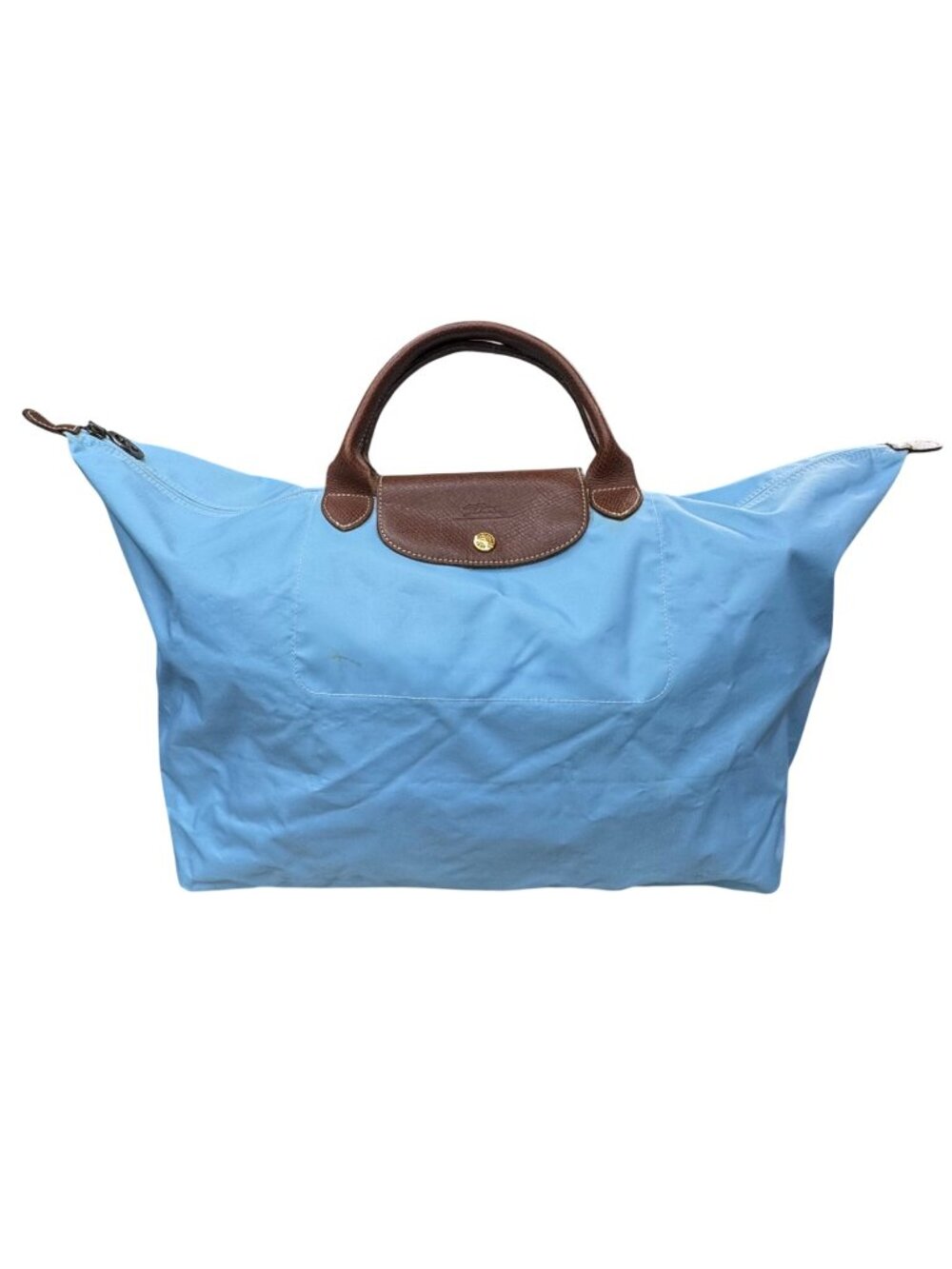 Longchamp Le Pliage Large Light Blue Nylon Tote Bag Brown Leather Handles READ